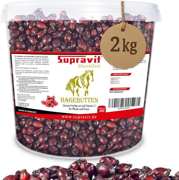 Eimer mit getrockneten Hagebutten für Pferde, Marke Supravit, Nettogewicht 2 Kilogramm