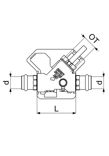Technische Zeichnung eines Schrägsitzventils mit Maßangaben L, d und OT sowie DVGW- und DIN-Kennzeichnung.