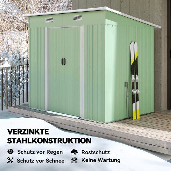 Geräteschuppen aus verzinktem Stahl mit Tür und Skiern