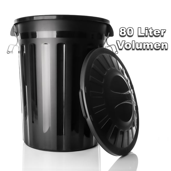 BigDean wetterfeste Universaltonne mit Deckel Schwarz und 2 Tragegriffen + Clip Verschluss auch als Mülltonne – Regentonne und Futtertonne geeignet für Indoor + Outdoor geeignet - Made in Europe