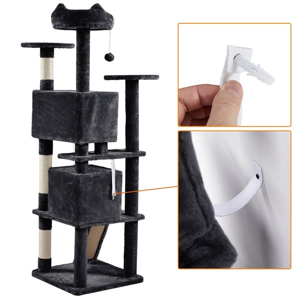 Katzenkratzbaum mit mehreren Ebenen, Kratzsäulen, Spielzeugball und Befestigungsmaterial zur Wandmontage