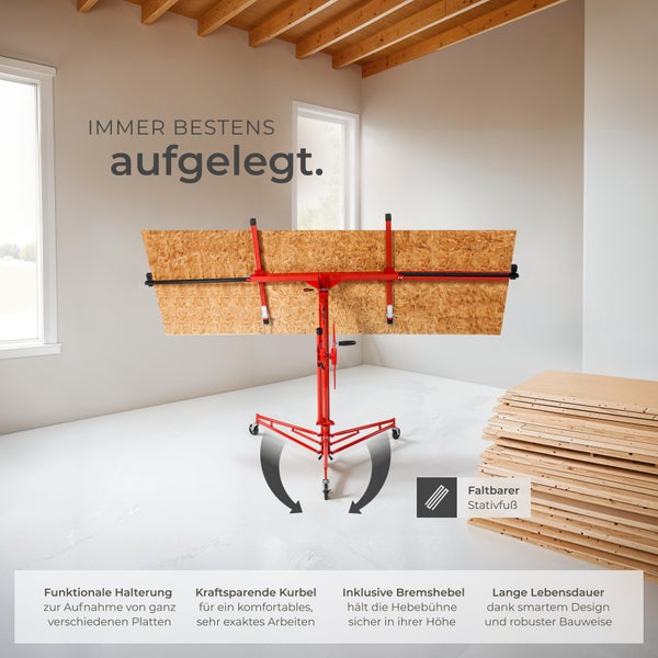 Plattenheber mit faltbarem Stativfuß und Kurbel für komfortables Arbeiten
