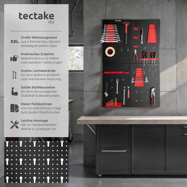 Werkzeuglochwand tectake Jonah Belastbarkeit 4 kg pro Platte vierteilig schwarz/rot