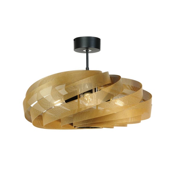 Deckenleuchte aus goldfarbenem Lochblech in Spiraloptik mit schwarzer Halterung.
