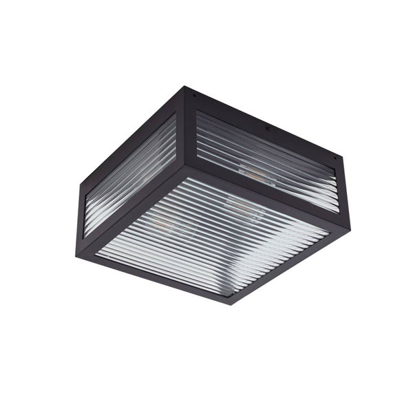 Quadratische Deckenleuchte mit schwarzem Metallrahmen und geriffeltem Glas.