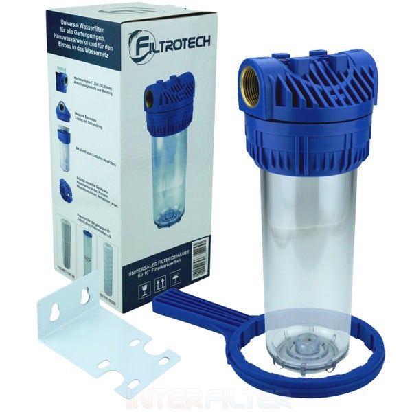 Filtrotech Universal Wasserfiltergehäuse für 10 Zoll Filterkartuschen inklusive Wandhalterung und Montageschlüssel