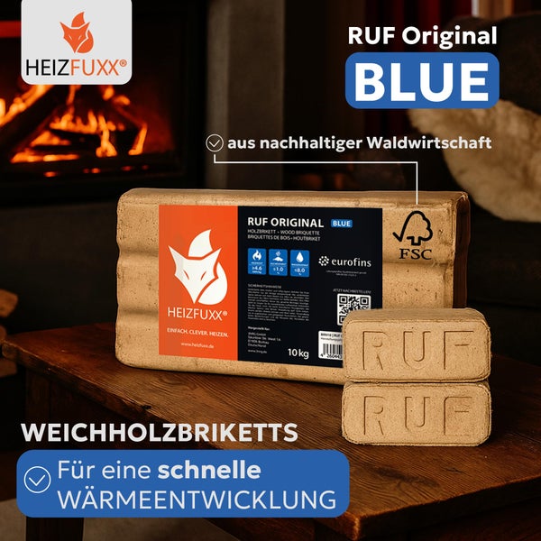 HEIZFUXX RUF Original Blue Weichholzbriketts, 10 Kilogramm Holz-Briketts für schnelle Wärme aus nachhaltiger Forstwirtschaft mit FSC Zertifizierung.