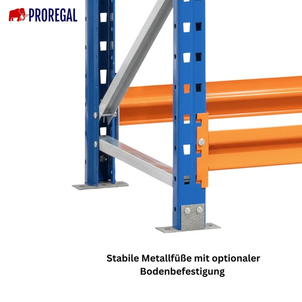 Detailansicht eines blauen Lagerregals mit Metallfüßen und optionaler Bodenbefestigung von Proregal