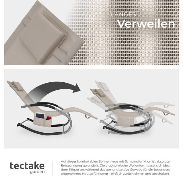Gartenliege tectake Taya abnehmbares Kopfpolster, seitliche Aufbewahrungstasche ergonomisch, mit Komfort-Schwingbewegung beige