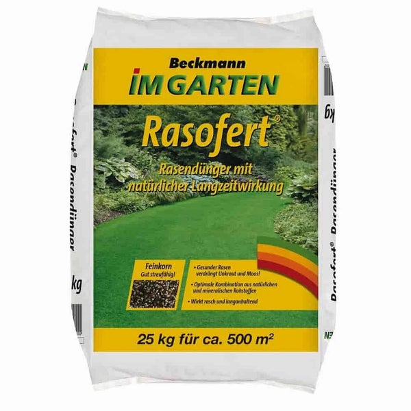 Beckmann Rasofert Rasendünger mit natürlicher Langzeitwirkung 25 Kilogramm Sack für circa 500 Quadratmeter Rasenfläche