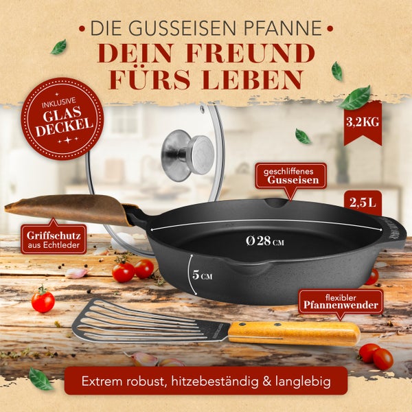 KRUSTENZAUBER 28cm Gusseisenpfanne Induktion Set - Fein Geschliffene Gusseisen Pfanne - Ideale Grillpfanne Induktion, Eisenpfanne, Cast Iron Pan, Bratpfanne, Gusseiserne Pfanne Skillet Gusspfanne