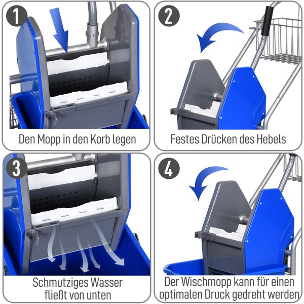 HOMCOM Putzwagen Reinigungswagen 26 Liter Wischwagen mit Wringer, Haushaltswagen mit Rollen, Haken für Mopp Blau