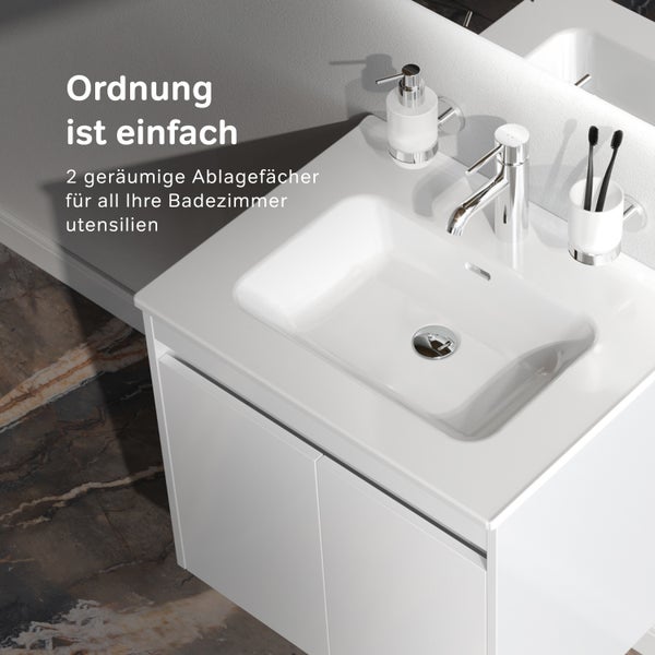 Badezimmerwaschtisch mit zwei geräumigen Ablagefächern für Badezimmerutensilien.