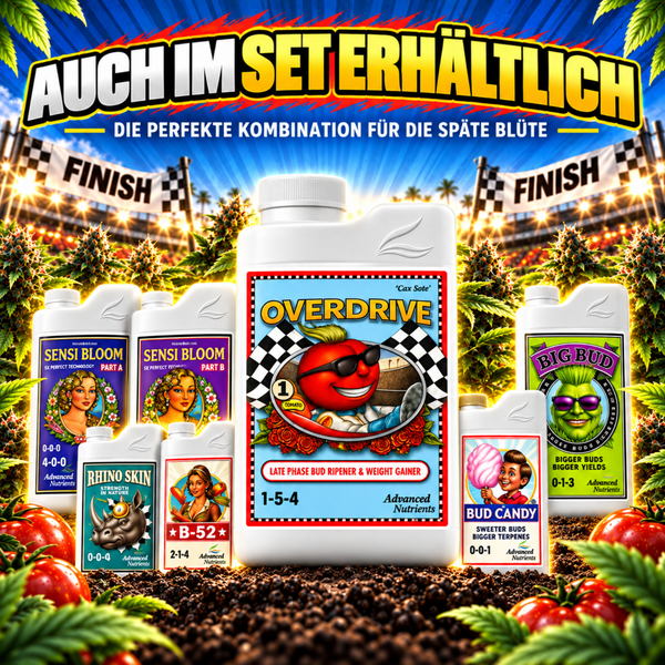 Advanced Nutrients Pflanzennährstoff Set für die späte Blütephase mit verschiedenen Flaschengrößen zur Wachstumsförderung und Ertragssteigerung.