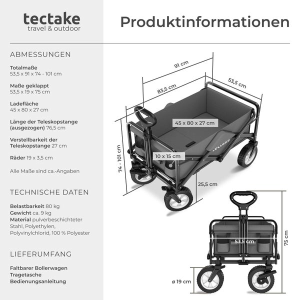 Tectake Logo und technische Zeichnung eines faltbaren Bollerwagens mit Maßangaben zu Abmessungen, Ladefläche und Teleskopstange.