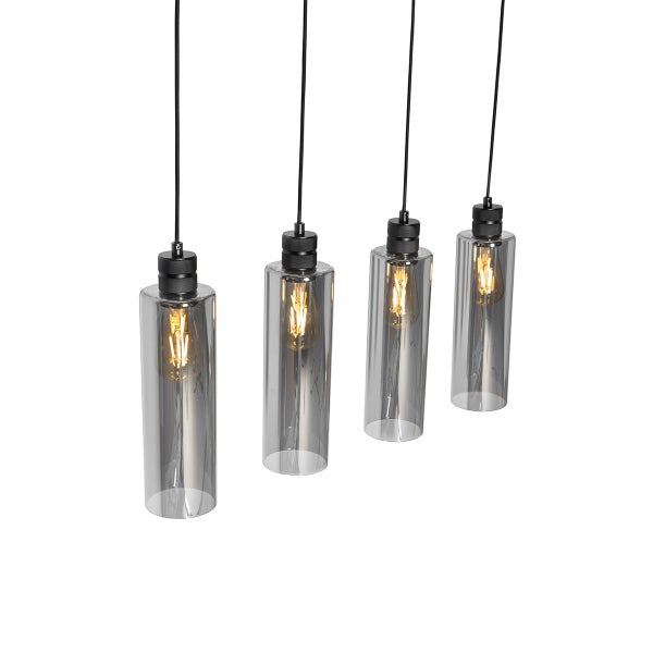 Pendelleuchte 4-flammig mit zylindrischen Schirmen aus Rauchglas und schwarzen Fassungen im industriellen Design.