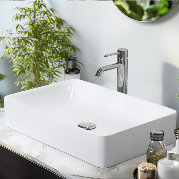 MKE Aufsatzwaschbecken Keramik 595 × 395 mm, Rechteckig, glänzend Weiß, ohne Hahnloch, leicht zu reinigen, Höhe 120 mm, Waschtisch-Waschbecken für Badezimmer