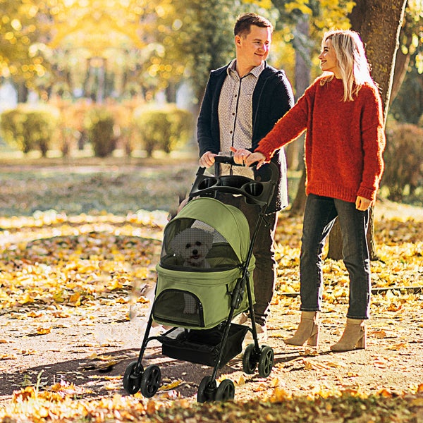 PawHut Hundewagen Hundebuggy mit Klappfunktion Pet Stroller für kleine Hunde und Katzen Haustierwagen Katzenbuggy Oxford Dunkelgrün 67 x 45 x 96 cm