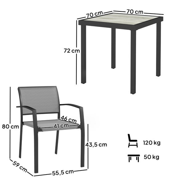Outsunny Sitzgruppe 3 tlg. Essgruppe für 2 Personen Esstisch mit 2 Stapelbare Stühle, Bistroset Esszimmergruppe Küchentisch-Set mit Stahlgestell Balkonmöbel Gartenmöbel für Terrasse, Balkon Grau