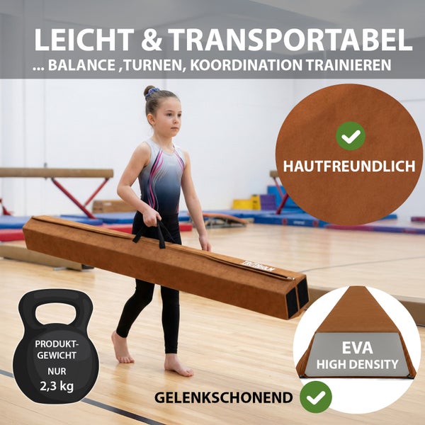 Tragbarer brauner Schwebebalken aus hochdichtem Schaumstoff. Gewicht 2,3 Kilogramm, gelenkschonend und hautfreundlich.