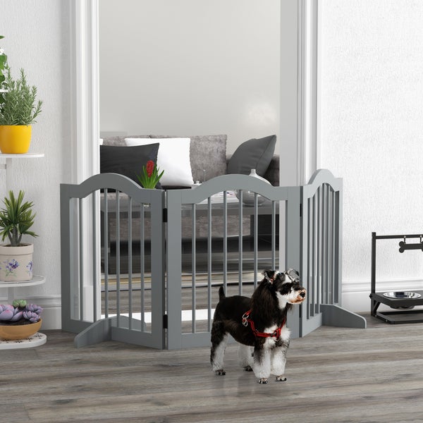 PawHut Absperrgitter Hund 3-teilig, 154,5 x 61 cm Faltbar Hundegitter mit Tür, Türschutzgitter mit 2 Stützfüßen, Freistehend Treppengitter für Küche, Flur, Hellgrau