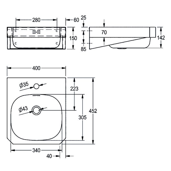 Maßzeichnung eines Waschbeckens mit Maßangaben in Millimeter: Breite 400, Tiefe 452, Höhe 150.