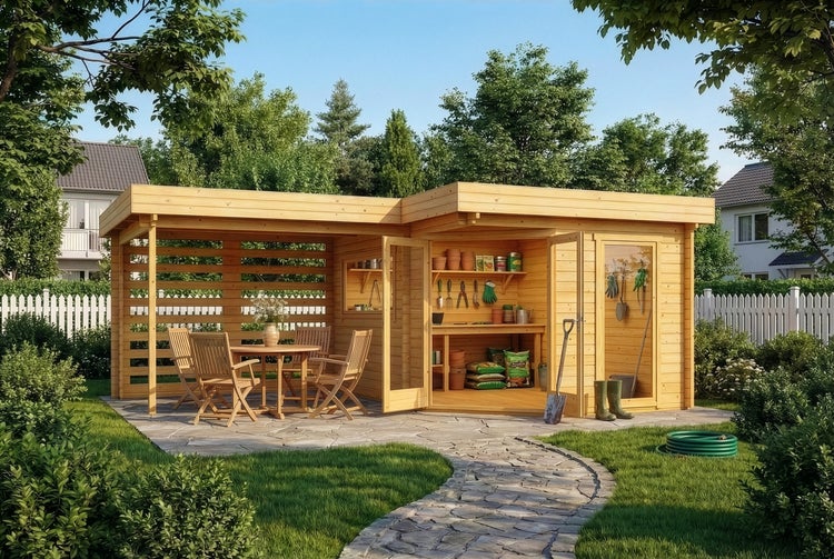 Gartenhaus aus Holz mit integriertem überdachtem Sitzbereich, Tisch und Stühlen auf einer Terrasse in einem gepflegten Garten.