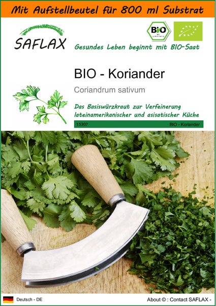 SAFLAX Garden in the bag - BIO - Koriander - Coriandrum sativum - 150 Samen - Mit Anzuchtsubstrat im praktischen, selbst aufstellenden Beutel