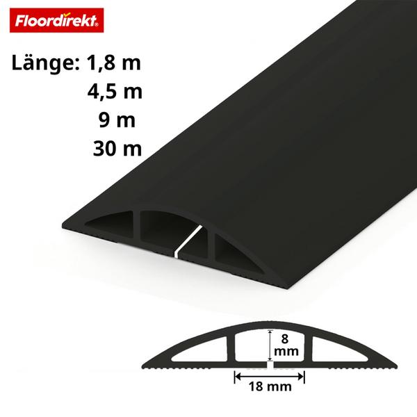 Floordirekt Logo. Schwarze Kabelbrücke für den Boden. Maße: Kanalhöhe 8 Millimeter, Kanalbreite 18 Millimeter. Längen: 1,8, 4,5, 9 und 30 Meter.