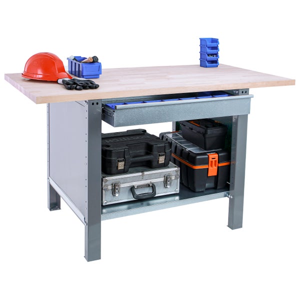 Werkbank BUFFALO WOOD mit 1x Schublade | HxBxT 86,5x150x75cm | Traglast 1000kg | Grau
