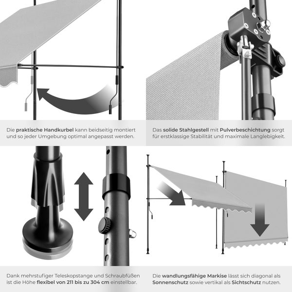 Klemmmarkise mit beidseitiger Handkurbel, pulverbeschichtetem Stahlgestell und Teleskopstange höhenverstellbar von 211 bis 304 Zentimeter.