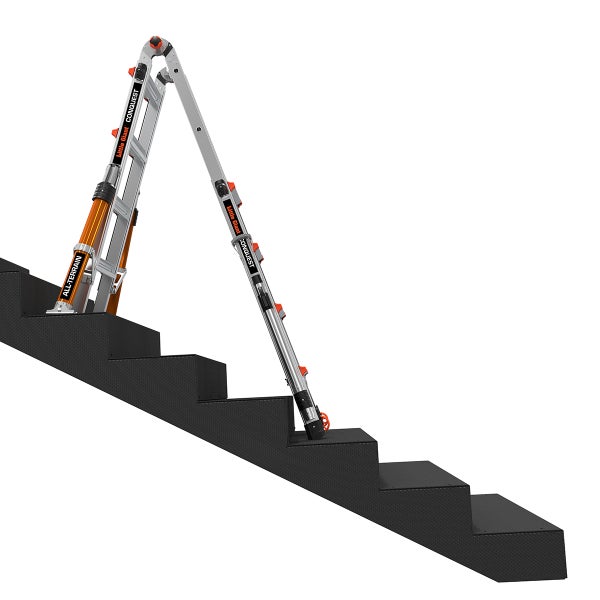 Little Giant Conquest All-Terrain Mehrzweckleiter auf einer Treppe stehend, aus Aluminium gefertigt.