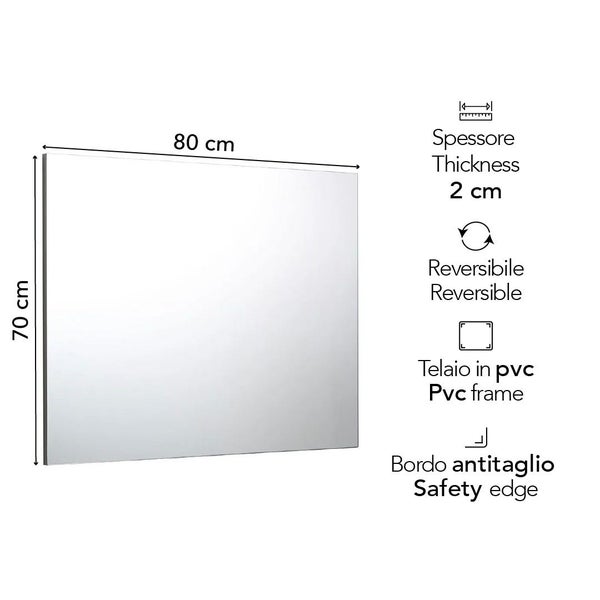 Rechteckiger Badezimmerspiegel, 80 mal 70 Zentimeter, 2 Zentimeter tief, beidseitig montierbar mit PVC-Rahmen und Sicherheitskante.