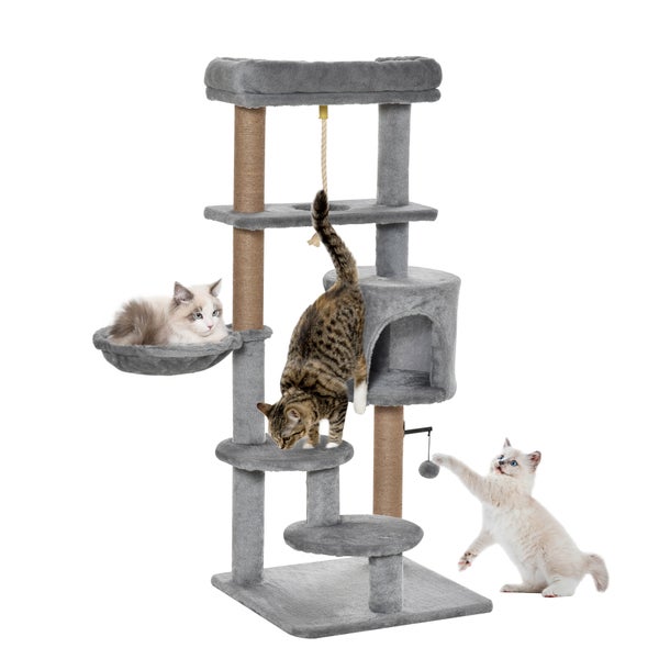 PawHut Katzen Kratzbaum 120 cm Katzenbaum mit Korb, Katzenhöhle, Spielball, Indoor Kletterturm mit Bett, Jutestamm, Kratzmöbel für Katzen bis 5 kg, Hellgrau