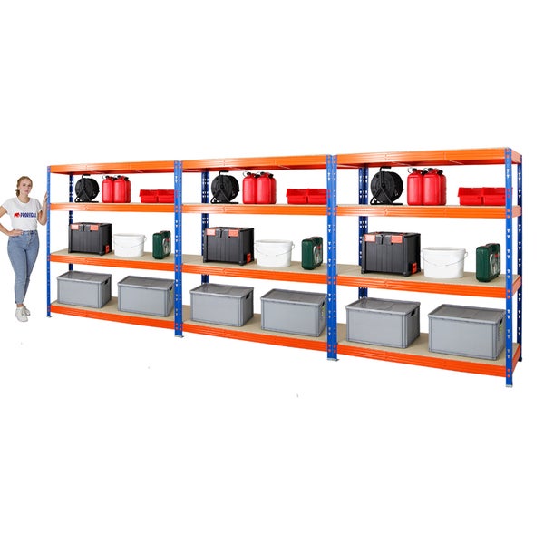 PROREGAL Mega Deal 3x Profi Schwerlastregal Rhino HxBxT 180 x 160 x 60 cm 4 Spanplatten-Ebenen 16mm Fachlast 500 kg Blau-Orange