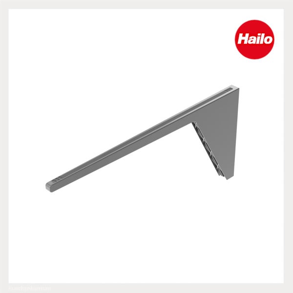 Hailo Logo und eine graue Winkelstütze aus Kunststoff als Zubehör für Küchenschranksysteme.