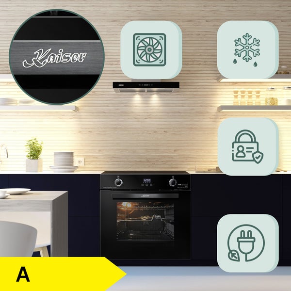 Kaiser Backofen in einer modernen Küche mit Funktionssymbolen für Umluft, Auftauen, Kindersicherung und Energieeffizienzklasse A.