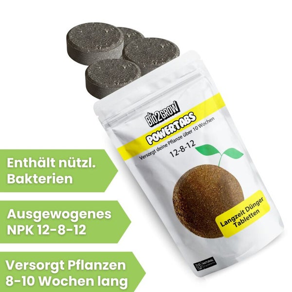 Bio2Grow PowerTabs Langzeitdünger Tabletten mit Bakterien und NPK 12-8-12 in Verpackung