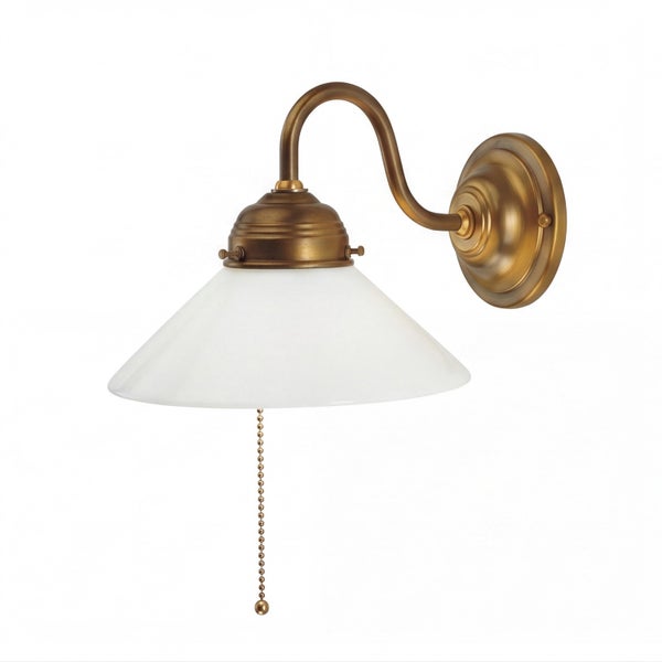 Wandleuchte im klassischen Design mit Metallhalterung und kegelförmigem Glasschirm sowie Zugschalter.