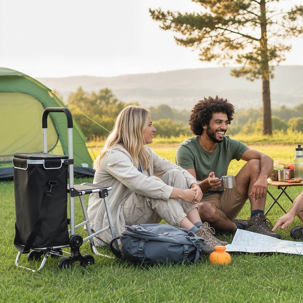 Campingplatzszene mit Zelt, Tisch, Kühlwagen und sitzenden Personen auf einer Wiese.