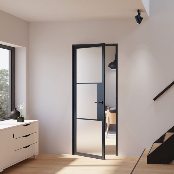 Glastür satiniert Komplettset mit Beschlag Loftstil 834x1972mm DIN Links  - Türklinke Drehtür
