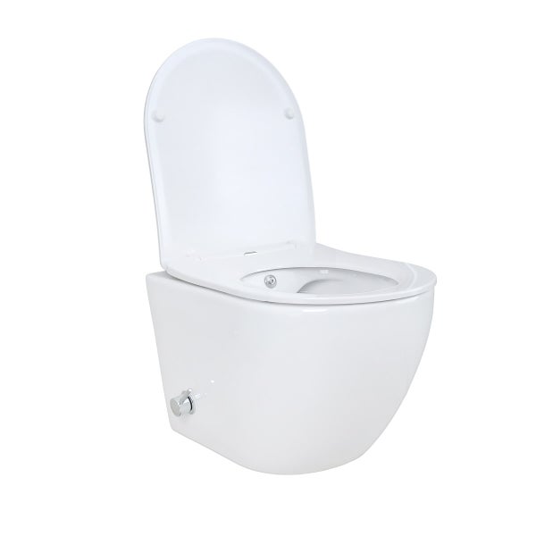 Wand-WC aus Keramik mit Bidet-Funktion, geöffnetem Deckel und seitlichem Bedienhebel.