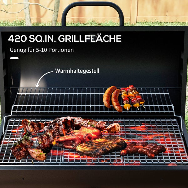 Outsunny Holzkohlegrill aus Metall BBQ Smoker mit Deckel Thermometer Räder verstellbarer Kohlewanne Griff, fahrbar Grillwagen Holzkohle Grill, Kohlegrill für Barbeque Camping, Terrasse, 95x71,5x102 cm