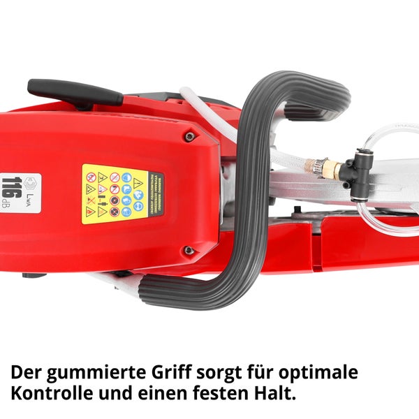 Kernbohrmaschine Detailansicht mit gummiertem Griff und Hinweisschild