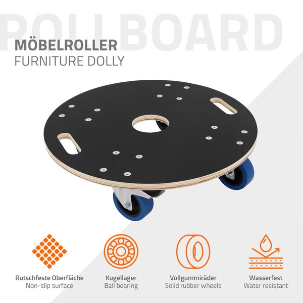 ECD Germany Transportroller rund Ø57x14,5 cm mit Siebdruckplatte und 2 gebremsten Rollen, 800kg Tragkraft, Rollbrett Möbelroller, Transporthilfe für Umzug Möbel-Transport, Rollwagen Roller Transporter