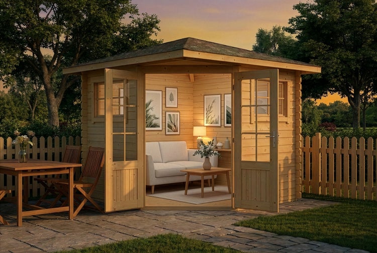 Eck-Gartenhaus aus Holz mit gläsernen Doppeltüren, innen mit Sofa und Couchtisch eingerichtet, auf einer Steinterrasse im organisierten Garten.