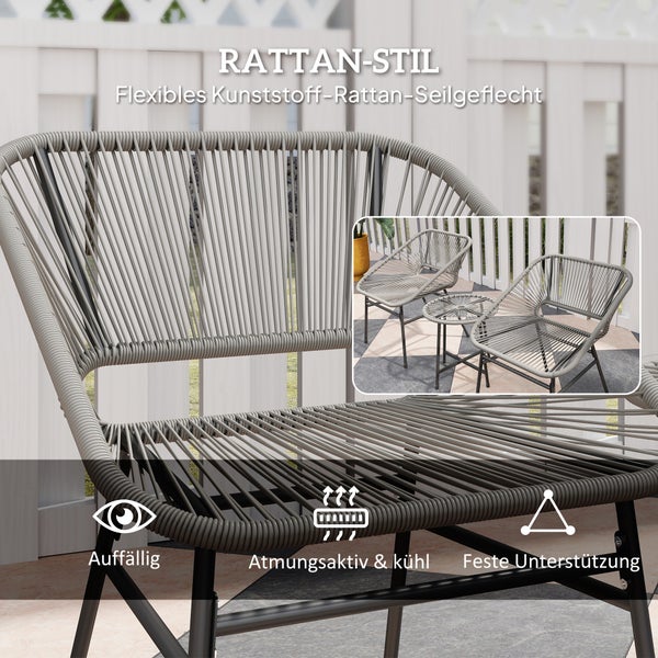 Outsunny Polyrattan Gartenmöbel Set, Outdoor Lounge Balkonmöbel für 2 Personen, 3-teilig Bistroset Sitzgruppe mit 2 Stühle, Beistelltisch, Kissen, wetterfest Gartenlounge für Garten Balkon Dunkelgrau