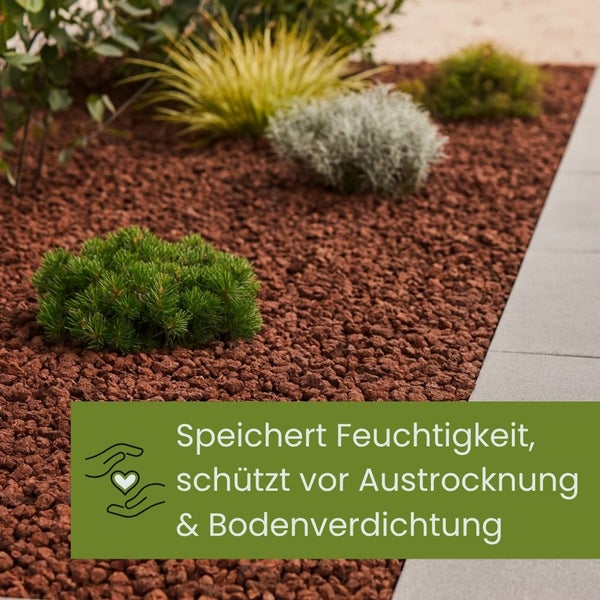 Gartenlandschaft mit Lavamulch und verschiedenen Pflanzen, die Feuchtigkeit speichern und vor Austrocknung sowie Bodenverdichtung schützen.
