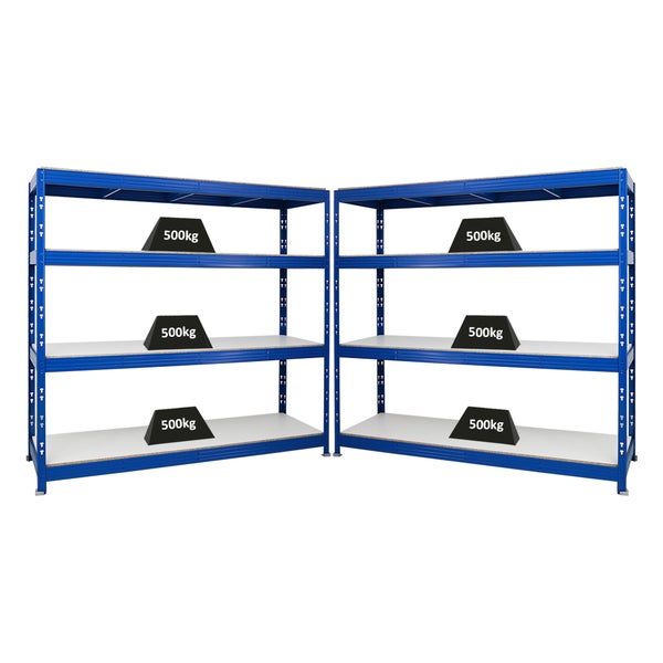 PROREGAL Mega Deal 2x Profi Schwerlastregal Rhino HxBxT 180 x 200 x 60 cm 4 Melamin-Ebenen 16mm Fachlast 500 kg Blau