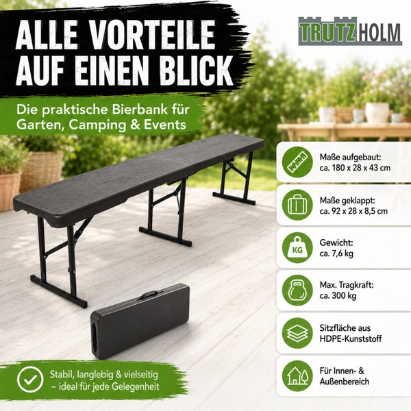 Trutzholm klappbare Bierbank mit Kunststoff Sitzfläche und Metallgestell inklusive technischer Produktdaten für Garten Camping und Veranstaltungen